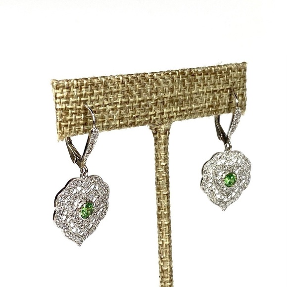 925 Sterling Silver Peridot White Sapphire Dangle Earrings New - Picture 2 of 12